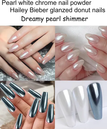 Miniatura 3 de 6 polvos de uñas cromados, efecto espejo, blanco perla cromada láser, polvo de dona esmaltado