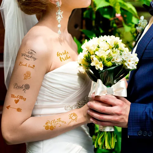 Miniatura 2 de 6 hojas de tatuajes temporales dorados y plateados para mujeres y hombres, calcomanías metálicas para despedidas de soltera, despedidas de soltera