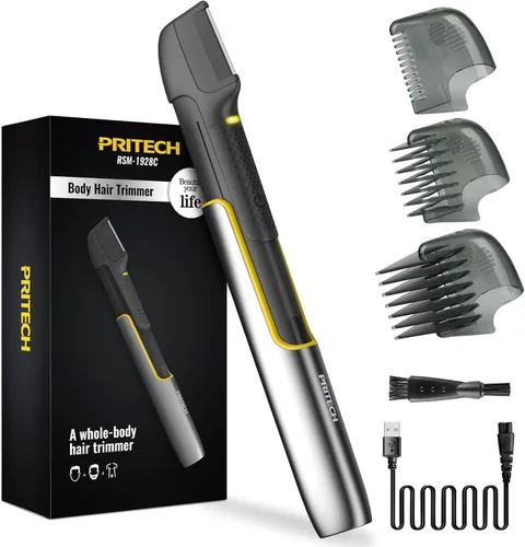 PRITECH - Recortador de pelo corporal para hombres, recortadores de pelo corporal con peine de protección, recortador de pelo recargable para el