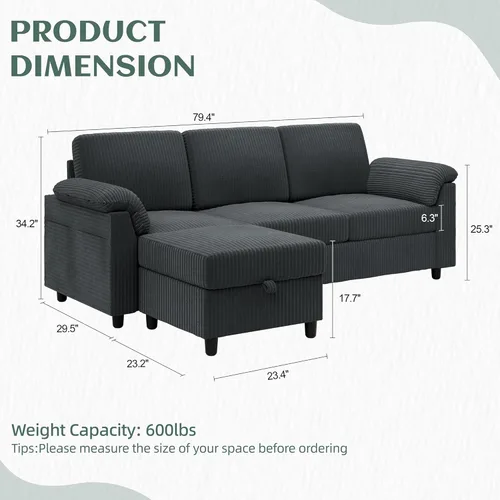 Miniatura 2 de Vongrasig Sofá Seccional Convertible, Sofá en Forma de L de 3 Asientos con Almohadas Removibles Tela de Pana Suave Sofá Pequeño de Mediados de Siglo