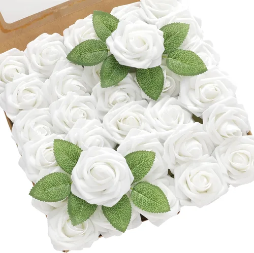 DerBlue 60 rosas artificiales con tallo y 10 hojas verdes, rosas falsas de aspecto real, rosas artificiales de espuma para decoración de bodas,