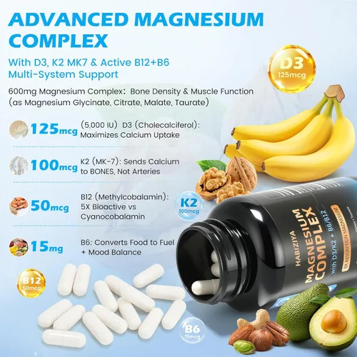 Miniatura 2 de Paquete de 2 suplementos de complejo de magnesio de 600 mg con cápsulas de alta absorción con vitaminas D3 K2 MK7 y B con glicinato, citrato
