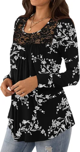Miniatura 2 de BISHUIGE Blusa de manga corta para mujer, estilo casual, holgada, con panel de encaje, plisada