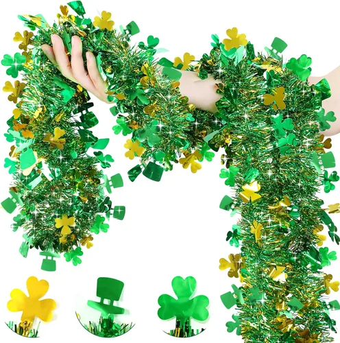 Guirnalda decorativa de 33 pies para el día de San Patricio, guirnalda de oropel con sombrero de trébol verde dorado, guirnalda metálica brillante