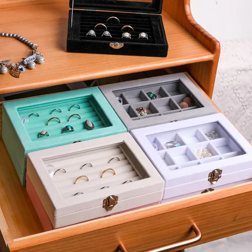 Miniatura 8 de Frebeauty Bandeja organizadora de joyas con tapa transparente, 12 rejillas de terciopelo para cajón con tapa transparente, vitrina de joyería