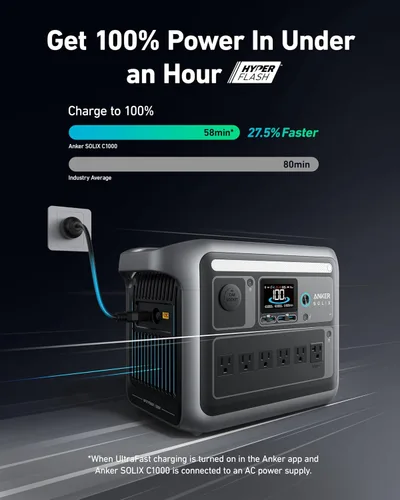Miniatura 3 de Anker SOLIX C1000 Estación de energía portátil con panel solar bifacial de 100 W, generador solar de 1,800 W, batería LFP de 1056 Wh (LiFePO4), 6