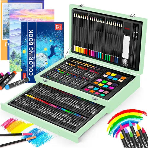 iBayam Suministros de arte, paquete de 150 piezas de arte de madera de lujo, kit de pintura para manualidades, 1 libro para colorear, 2 blocs de