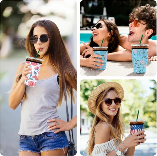 Miniatura 5 de Paquete de 3 fundas reutilizables de neopreno para café helado, a prueba de sudor y aisladas, se adapta a tazas de 16 a 32 onzas, protector