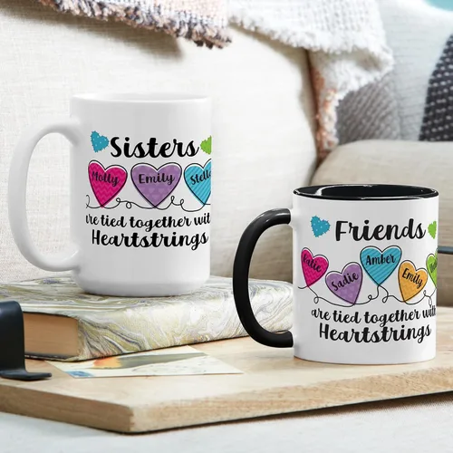 Miniatura 2 de Let's Make Memories Taza personalizada para hermanas – Taza de café personalizada – Heartstrings – 2–6 nombres – Mango blanco – 15 oz Sisters