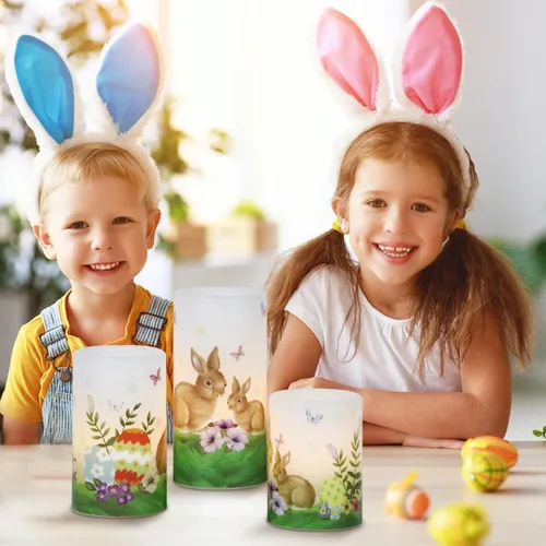 Miniatura 5 de Wondise Velas sin llama de conejo de Pascua con temporizador de 6 horas, velas de pilar a pilas con huevos de Pascua, lirios, velas LED parpadeantes