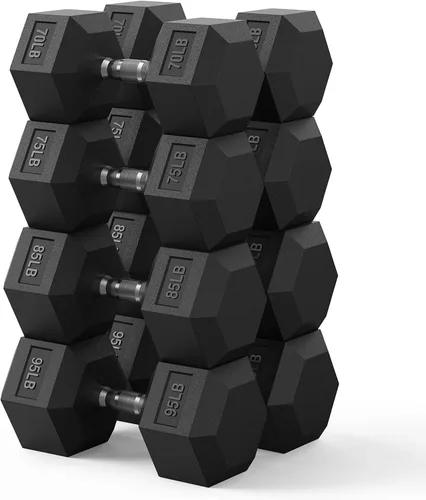 Miniatura 12 de PAPABABE Juego de mancuernas hexagonales de 45 a 550 libras, mancuernas de gimnasio en casa con revestimiento de goma, mancuernas para mujeres