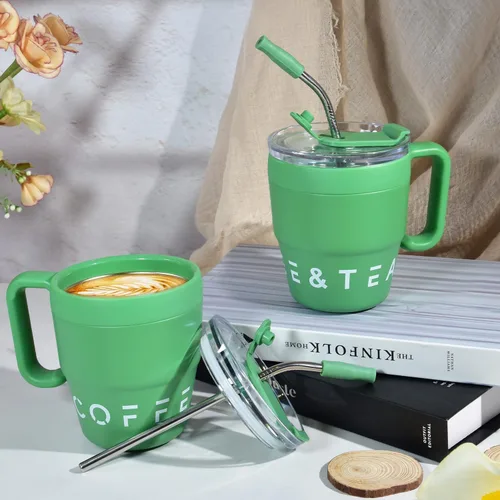 Miniatura 2 de Taza de café aislada con asa, bonita taza de viaje de 14 onzas, taza de café de acero inoxidable al vacío, para mantener las bebidas calientes