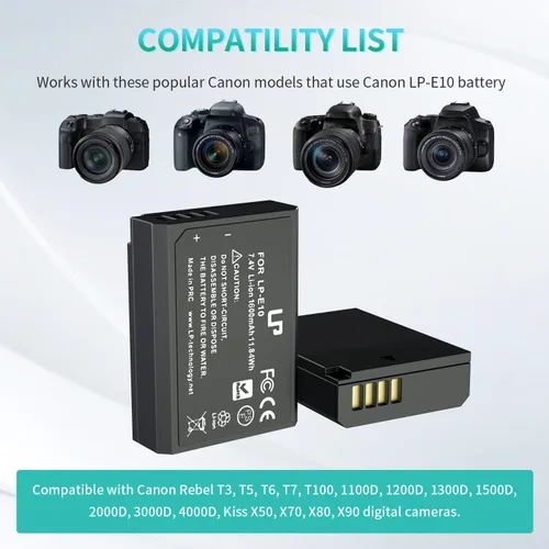 Miniatura 2 de LP Paquete de cargador de batería LP-E10, batería de 1600 mAh y cargador de doble ranura, compatible con Canon EOS Rebel T7, T6, T5, T3, T100