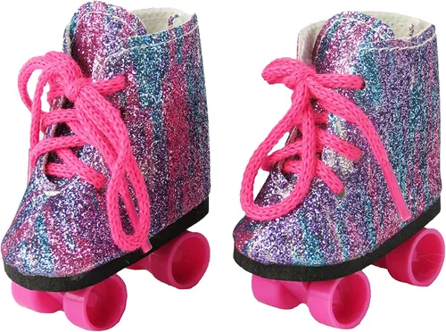 American Fashion World Patines con purpurina arcoíris para muñecas de 14 pulgadas, calidad premium y diseño moderno, ropa de muñecas, moda de