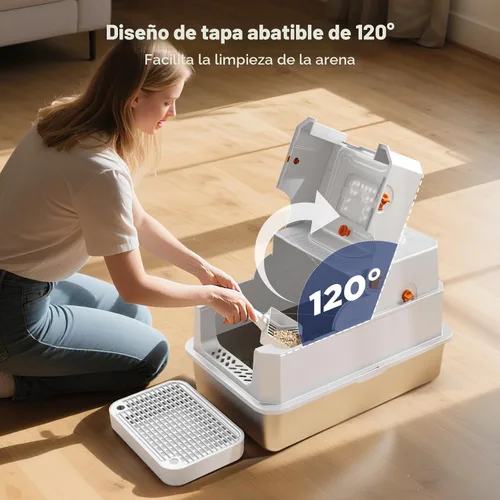 Miniatura 2 de FURTIME Caja de arena de acero inoxidable con tapa, caja de arena cerrada extragrande para gatos grandes, caja de metal para gatos con caja de alta