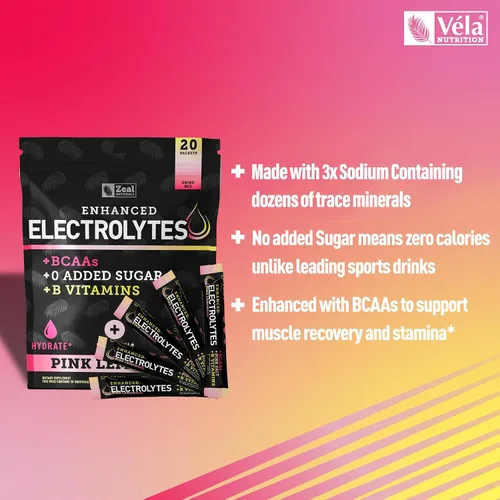 Miniatura 4 de Zeal Naturals Paquetes de electrolitos mejorados en polvo (limonada rosa, 20 paquetes) sin azúcar + vitaminas B BCAA y sal rosa del Himalaya