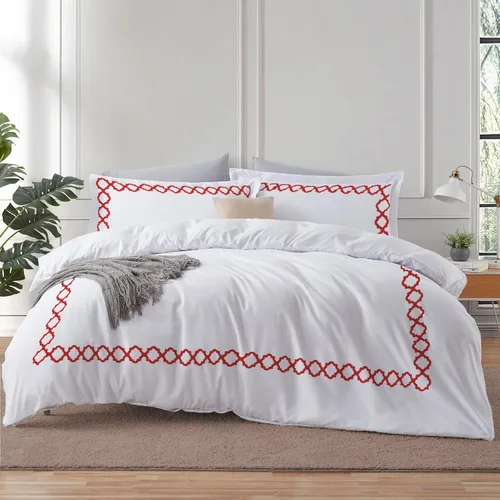 Miniatura 6 de BedDecor: Enchanted Oasis - Juego de funda de edredón de 3 piezas de 600 hilos de algodón egipcio con bordado de cuadrifolio, ultra suave