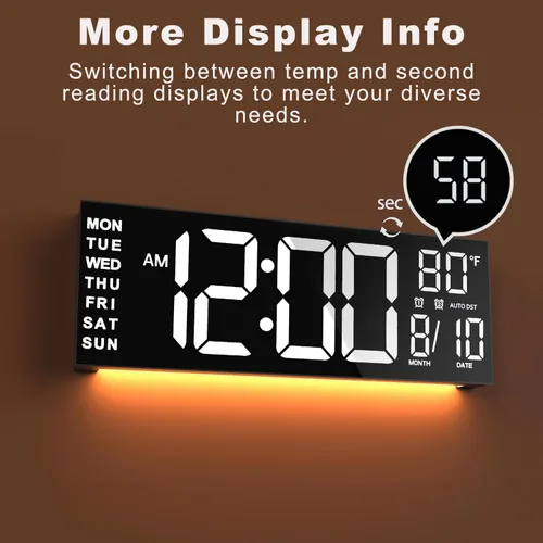 Miniatura 9 de JALL Reloj digital grande de montaje en pared de 13 pulgadas para sala de estar, temporizador de cuenta regresiva, alarma, LED grande, DST, Negro