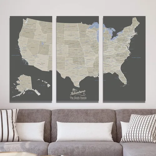 Miniatura 22 de 3 paneles - Mapa de viaje colorido del mundo con alfileres en lienzo envuelto en galería, mapa de pared grande