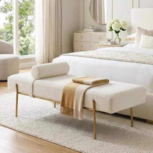 Moderno banco de entrada tapizado con almohada desmontable para sala de estar, banco otomano de piel sintética con patas de metal dorado, cómodo