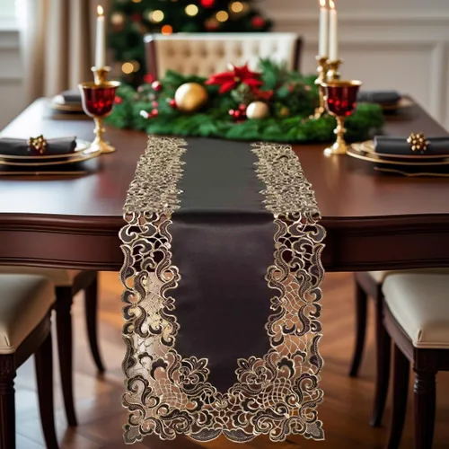 Miniatura 7 de DECOZEN Camino de mesa navideño de encaje dorado negro – Bufanda bordada para comedor y tocador para mesas de vacaciones, bodas y fiestas – 14 x 108