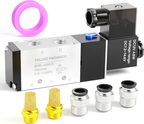 TAILONZ PNEUMATIC Válvula solenoide 1/2" NPT 4V410-15 DC12V de bobina única, operada por piloto, eléctrica de 2 posiciones y 5 vías, tipo de