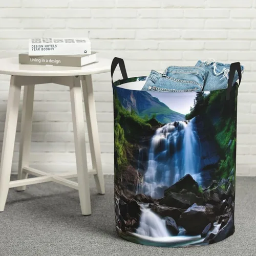 Miniatura 8 de Scenic mountain waterfall print Circular Hamper Waterproof Storage Bin Organizer Basket Laundry Hamper With Handles For Clothes Toys Small