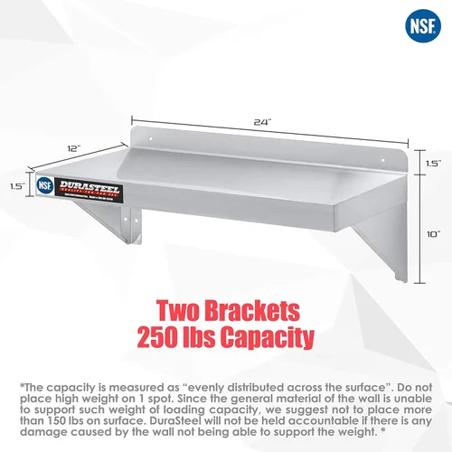 Miniatura 3 de DuraSteel Estante de pared de acero inoxidable, 24 pulgadas de ancho x 12 pulgadas de profundidad, grado comercial, certificado NSF