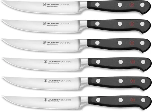Miniatura 7 de Wüsthof Juego clásico de cuchillos para carne de 4 piezas con borde hueco, grabado personalizado, personalizado