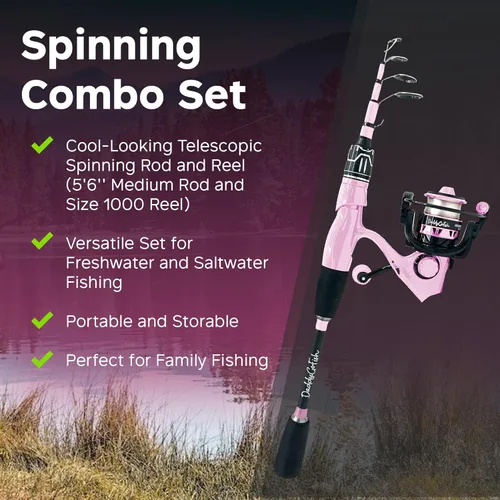 Miniatura 2 de DaddyGoFish Juego combinado de caña de pescar y carrete giratorio con caja de aparejos Caña de pescar para niños Kit de caña de pescar Rosa