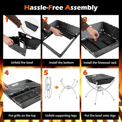 Miniatura 6 de HAPPYGRILL Fogata plegable 3 en 1 con parrilla para exterior, plegable para quemar leña, fogata para barbacoa, hoguera, cocina al aire libre