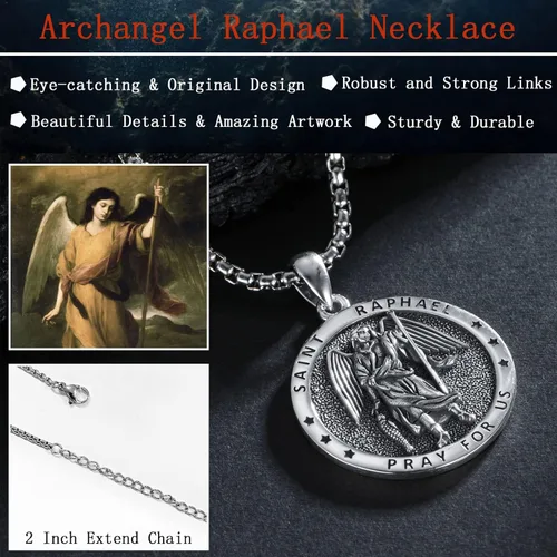 Miniatura 3 de Seiyang Collar de plata de ley 925 con medalla de amuleto para hombres y mujeres con cadena Rolo de 0.098 in, 22 pulgadas + 2 pulgadas