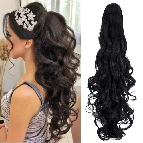 Miniatura 13 de OMGREAT Extensiones de cola de caballo largas con clip, extensiones sintéticas gruesas de 24 pulgadas para mujer, con garra de mandíbula, rubio