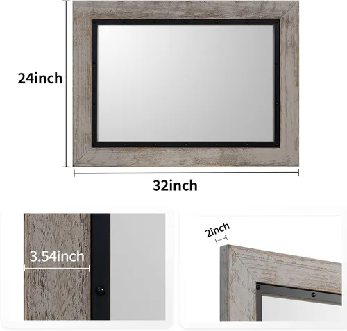 Miniatura 6 de YOSHOOT Espejo de pared con marco de madera rústica, 32 x 24 pulgadas, espejo de tocador de baño de madera natural y hierro para decoración