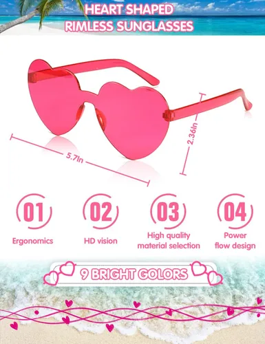 Miniatura 3 de LOHO MAGICA 9 pares de gafas de sol con forma de corazón sin montura en forma de corazón, gafas de sol para fiesta, gafas de sol de corazón