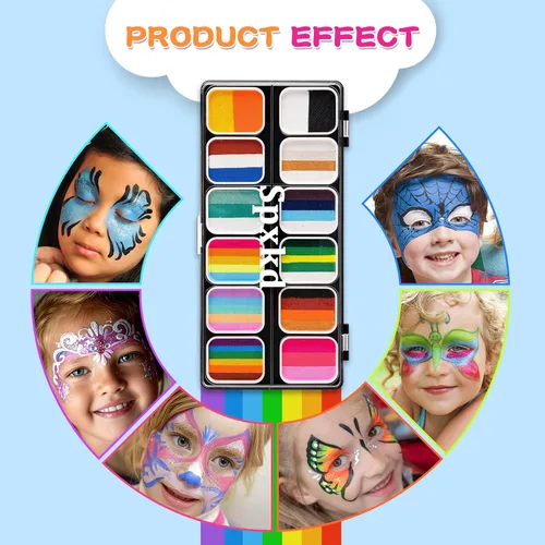 Miniatura 7 de Kit de pintura facial para niños y adultos, 12 x 10 gm, paleta de pintura facial con 9 brillos, 2 palitos de sombra de ojos, 2 esponjas y 6