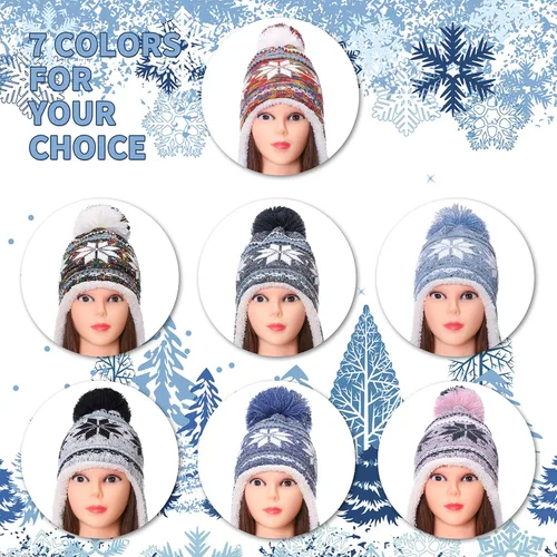 Miniatura 6 de Gorro invernal Dosoni para mujer, de punto, con orejeras, suave, cálido y acogedor, diseño de copos de nieve
