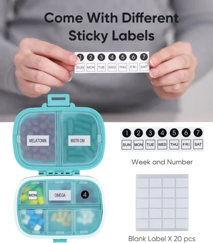 Miniatura 3 de Holii Pastillero de viaje, 8 compartimentos, pastillero portátil, pastillero diario para guardar vitaminas, pequeño contenedor de píldoras para Azul