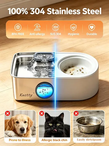 Miniatura 3 de Kastty Fuente de agua para perros de 15L/4 galones, fuente de agua grande de acero inoxidable para mascotas con luz LED de nivel de agua
