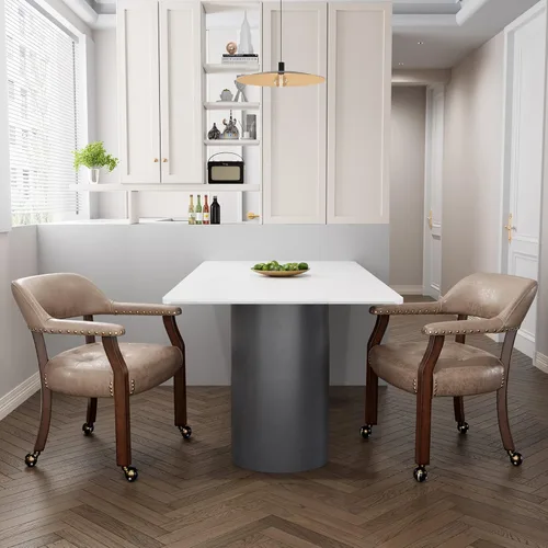 Miniatura 65 de Juego de 8 sillas de cuero de comedor con ruedas y brazos, silla de capitán Accent con ruedas, sillas de madera con ruedas enrollables para cocina