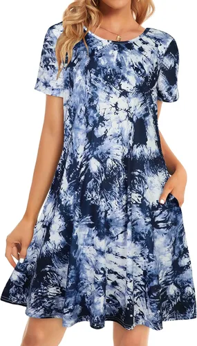 Miniatura 11 de Vestidos de verano para mujer, informales, holgados, estilo camiseta, florales, de manga corta, con vuelo y bolsillos, para la playa