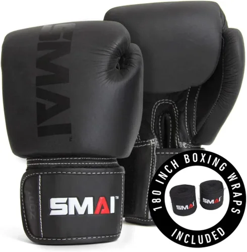 Miniatura 2 de SMAI Elite85 - Guantes de boxeo de cuero más envolturas de boxeo negras de 180 pulgadas, guantes de boxeo de competición hechos para sparring