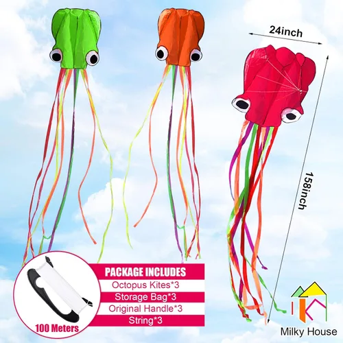 Miniatura 5 de Paquete de 3 cometas de pulpo – Cometas de playa 3D para personas y niños (azul, verde, rojo) – Fácil de volar, kit de cometa con cuerda de 39.9