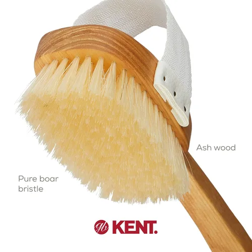 Miniatura 5 de Kent FD3 Cepillo exfoliante corporal de madera de haya de lujo con cerdas blancas 100% puras. Mango largo con cabeza desmontable, espalda