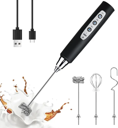 Miniatura 10 de YUSWKO - Espumador de leche recargable de mano con 3 cabezas, mezclador de bebidas con 3 velocidades ajustables para latte, cappuccino, chocolate