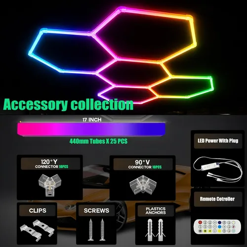 Miniatura 6 de 25Pack RGB Hexagon Lights,Music Sync 5Hex LED Hexagon Lights,RGB 358 Kinds of Changes Dimmable Speed-Adjustable DIY Color-Changing Lights Smart App