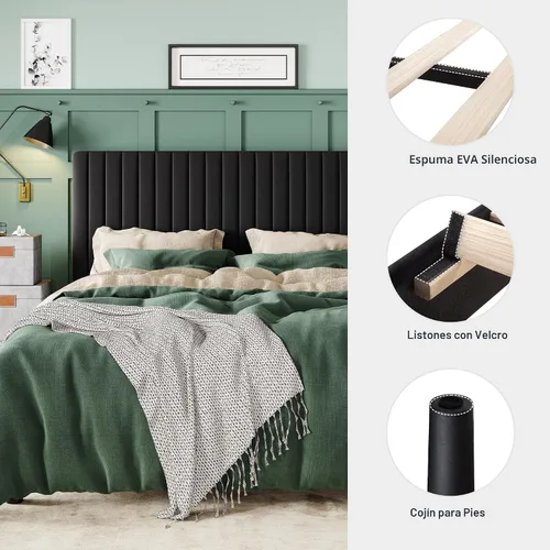 Miniatura 5 de Allewie Base de cama tamaño Queen, plataforma tapizada de terciopelo con cabecera capitonada de canal vertical, base de colchón con listones de Negro