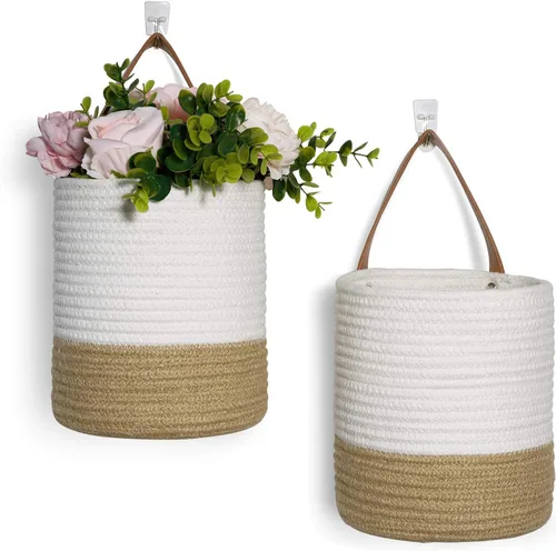 Miniatura 9 de Goodpick Paquete de 2 cestas colgantes de yute - Cesta tejida pequeña de helecho colgante con cuerda, cesta de pared para plantas de flores, juego