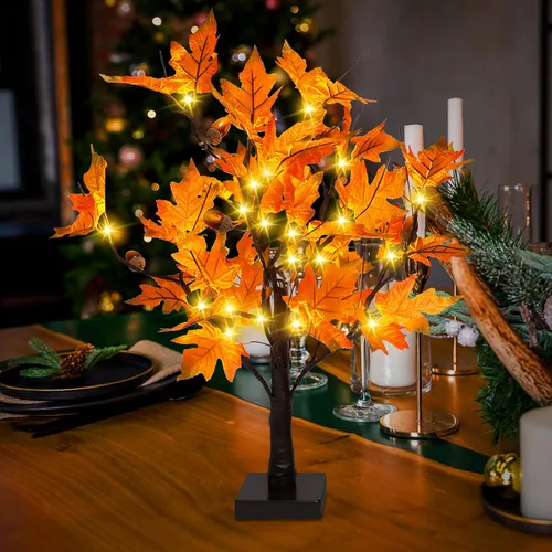 Miniatura 8 de S-Union Árbol de arce iluminado por LED de 24 pulgadas con 6 bellotas para decoraciones de Acción de Gracias Árbol de arce de 24 LED y 6 bellotas