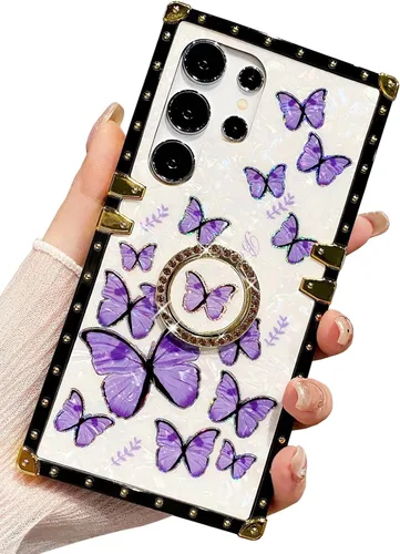Miniatura 47 de Bonita funda compatible con Samsung Galaxy S22 Ultra, soporte plegable de lujo con diseño de mariposa brillante para mujeres y niñas, funda Blanco